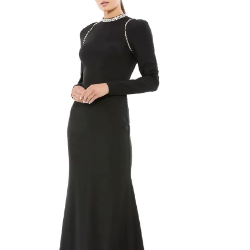 Mac Duggal Jeweled Long Sleeve Trumpet Black Gown Sz 4